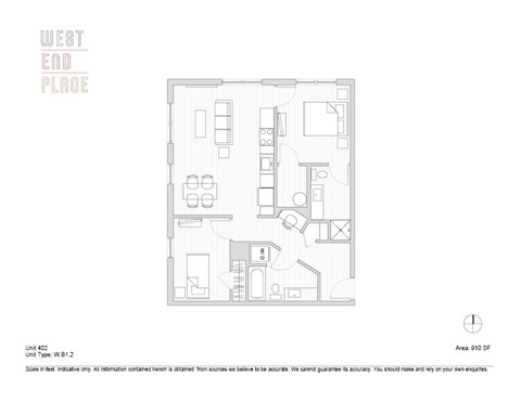 Floor plan for 2 beds, 2 baths, 910 sqft
